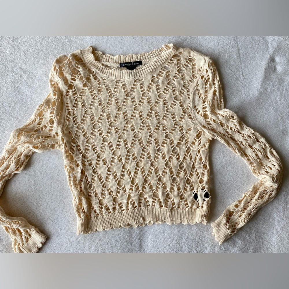 Christian Lacroix Cropped Cream Openwork Knit Sweater Lace Long Sleeve S/M - Picture 5 of 11
